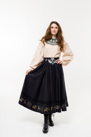 Спідниця одностороння на кокетці з вибійкою "Баранці" та розписаним поясом