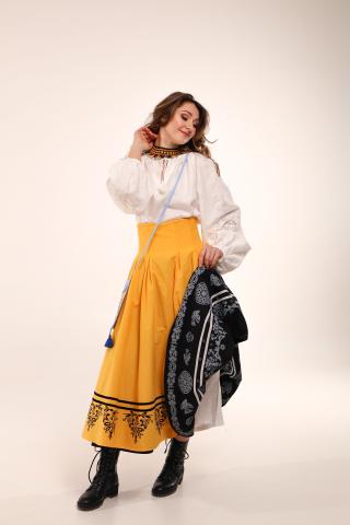 Двостороння спідниця з високим корсетним поясом з вибійкою, чорна/жовта (Індивідуальне пошиття)