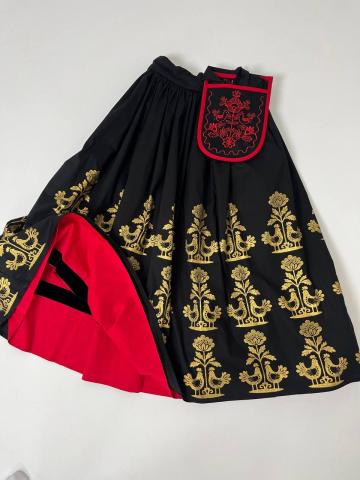 Двостороня спідниця на рівному поясі чорна/червона з золотою вибійкою півники (Індивідуальне пошиття)